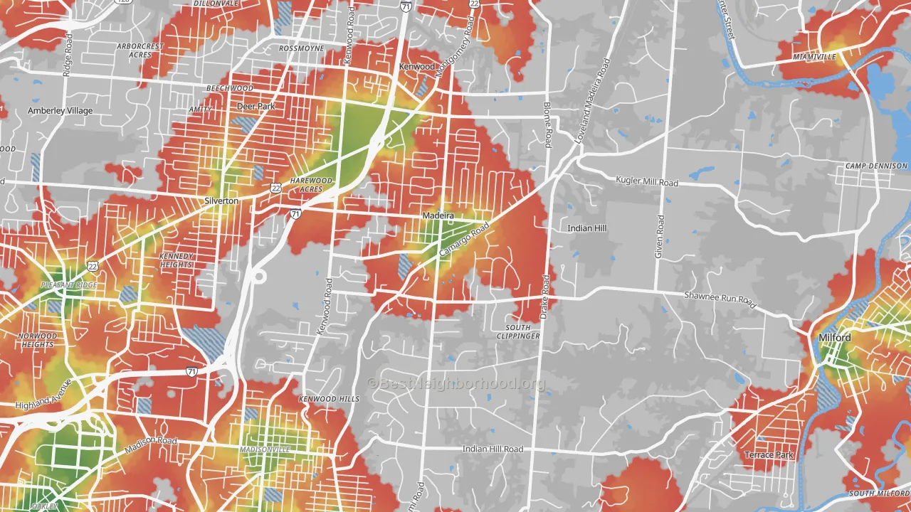 Walk Grade map of 45243, OH, walkable areas in green and car-dependent areas in red