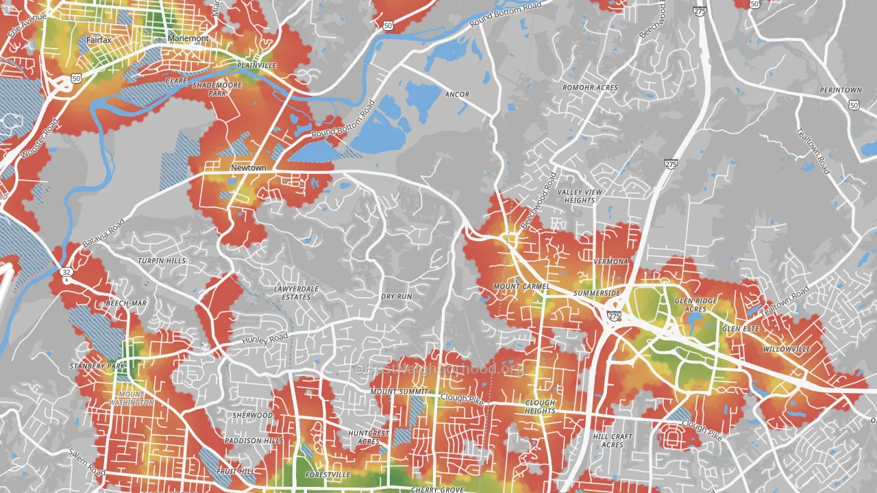 Walk Grade map of 45244, OH, walkable areas in green and car-dependent areas in red