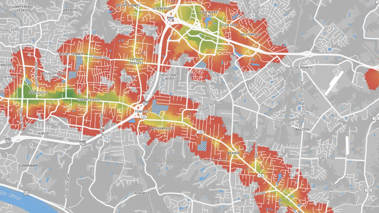 Walk Grade map of 45245, OH, walkable areas in green and car-dependent areas in red