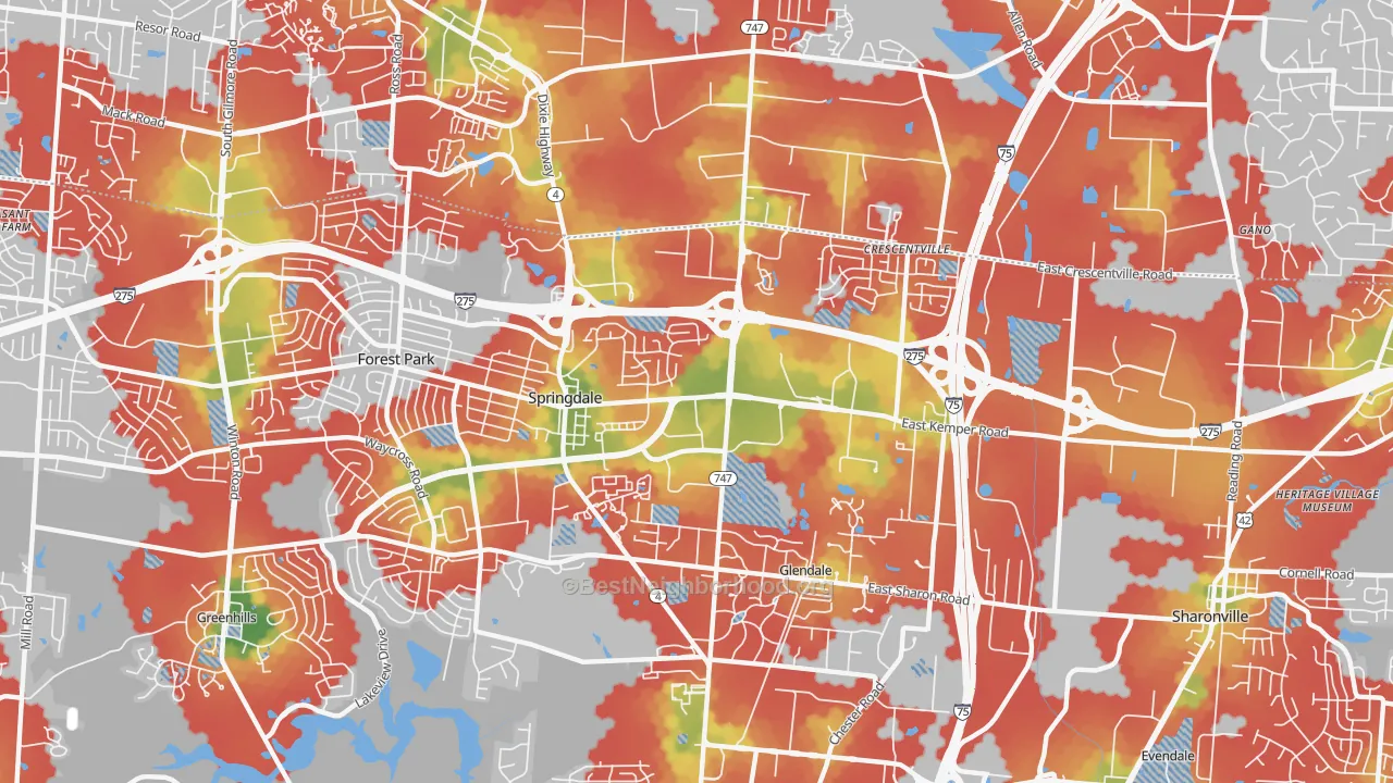 Walk Grade map of 45246, OH, walkable areas in green and car-dependent areas in red