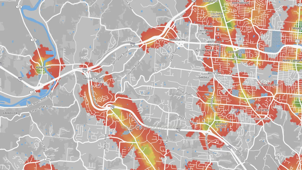 Walk Grade map of 45247, OH, walkable areas in green and car-dependent areas in red