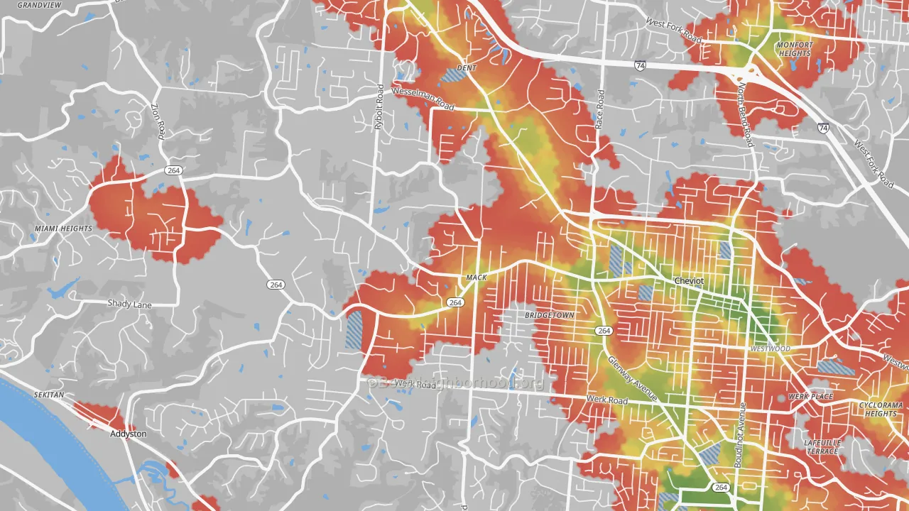 Walk Grade map of 45248, OH, walkable areas in green and car-dependent areas in red