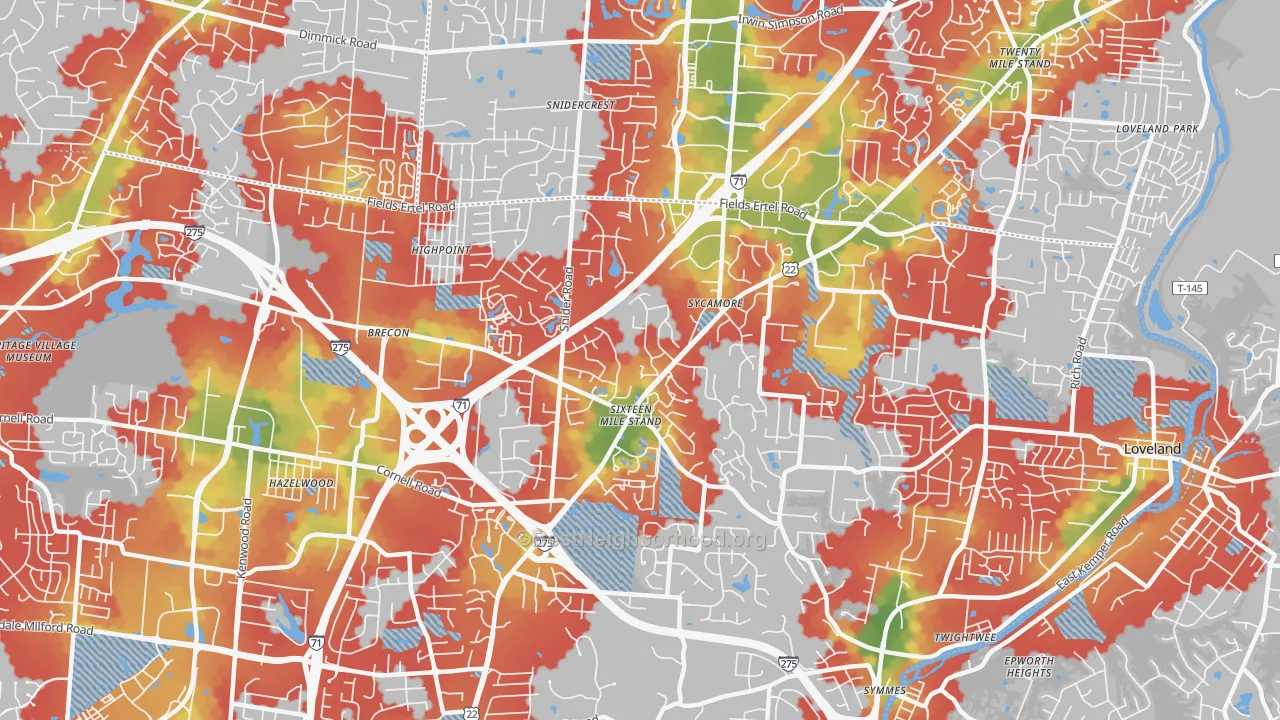 Walk Grade map of 45249, OH, walkable areas in green and car-dependent areas in red