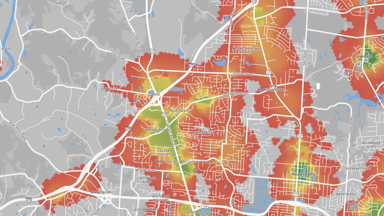 Walk Grade map of 45251, OH, walkable areas in green and car-dependent areas in red
