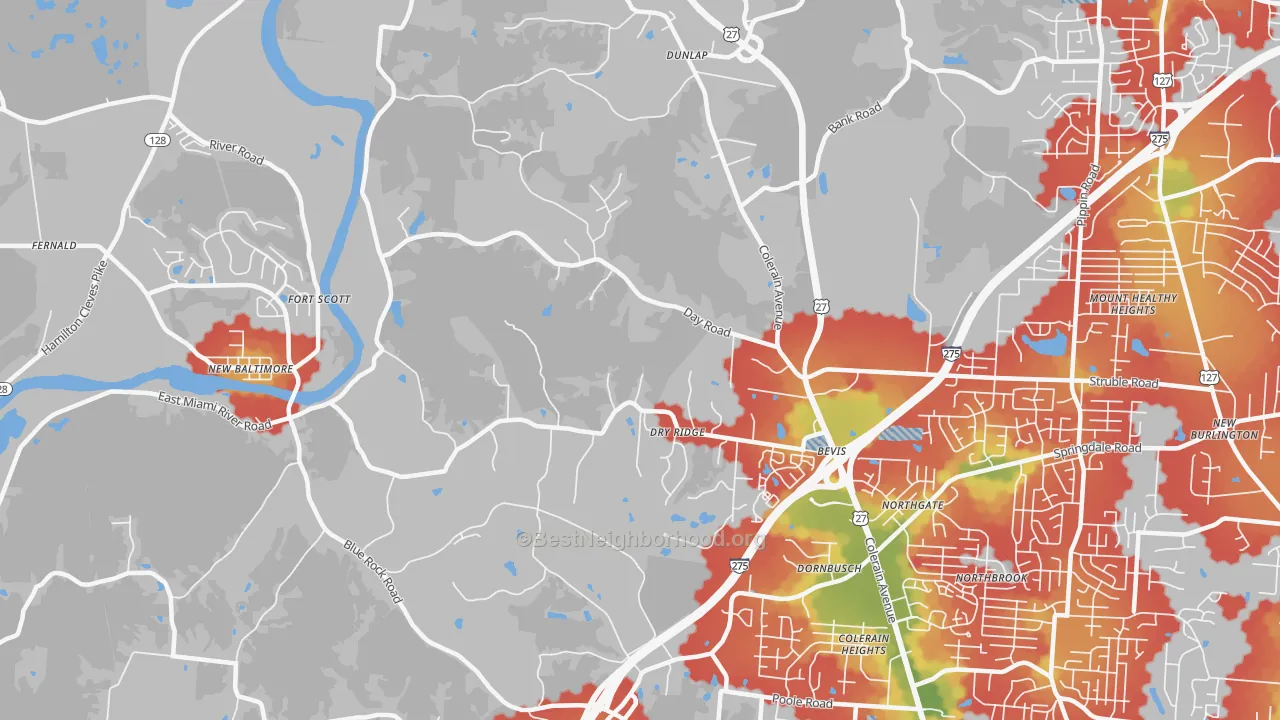 Walk Grade map of 45252, OH, walkable areas in green and car-dependent areas in red