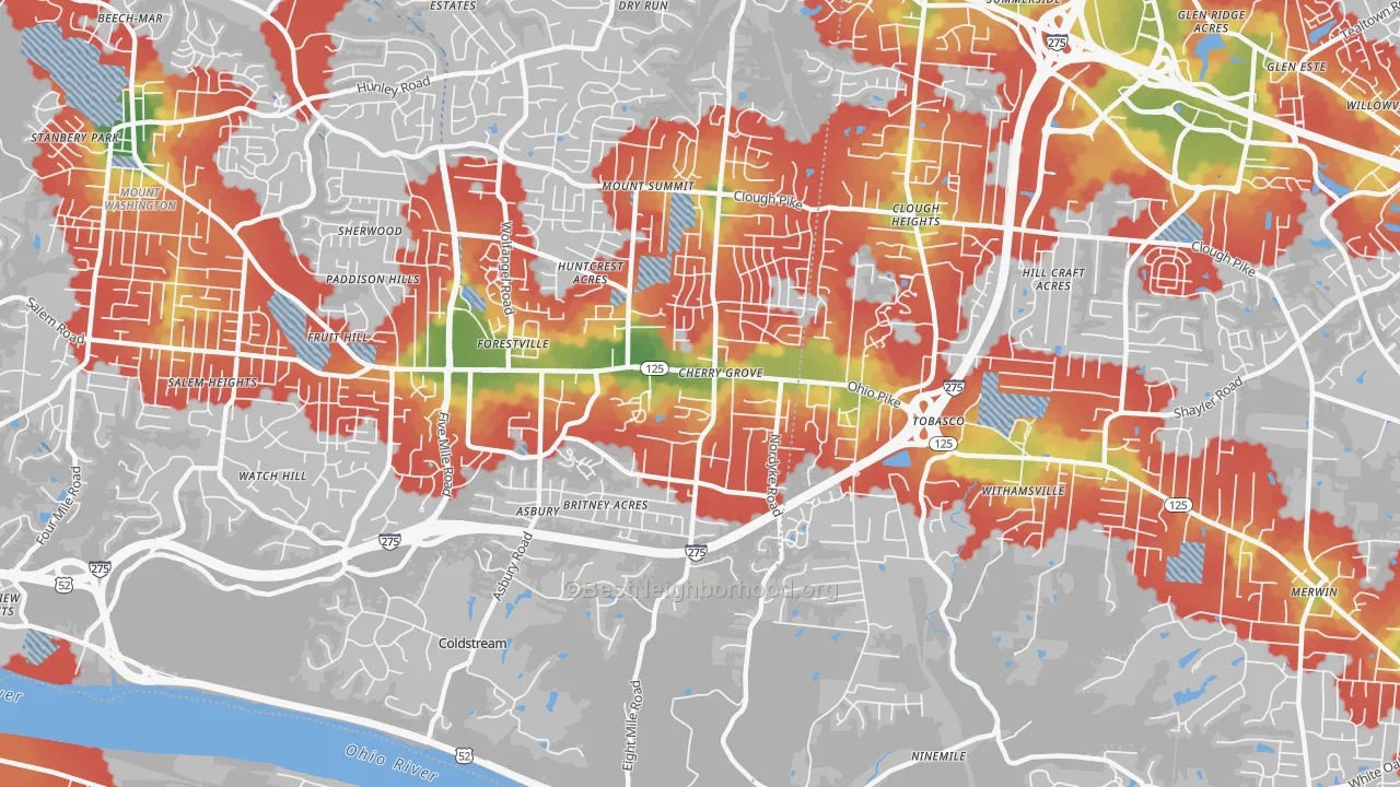 Walk Grade map of 45255, OH, walkable areas in green and car-dependent areas in red