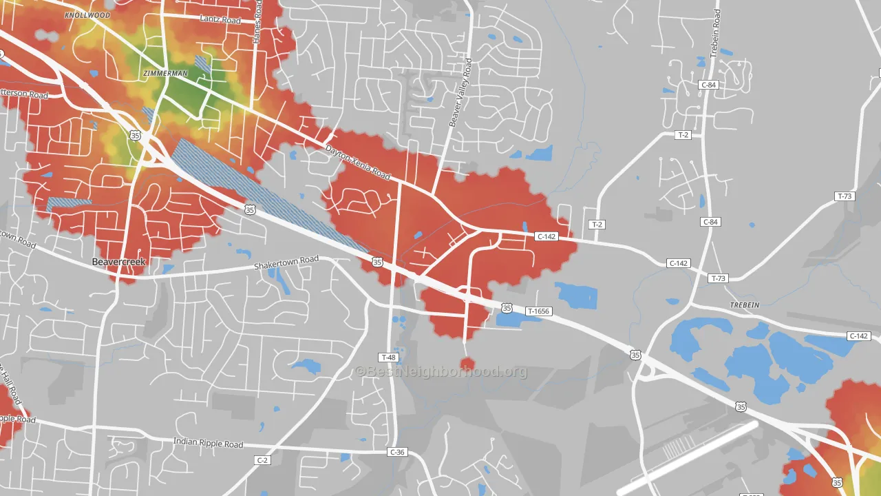 Walk Grade map of 45301, OH, walkable areas in green and car-dependent areas in red