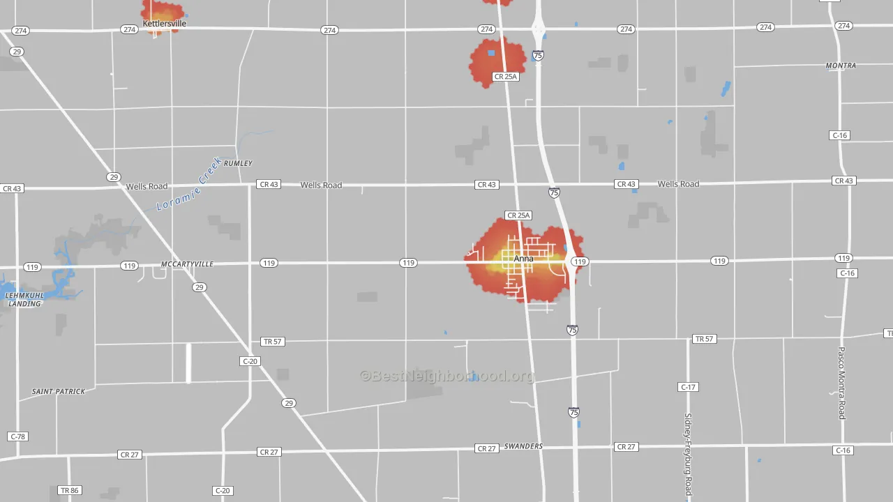 Walk Grade map of 45302, OH, walkable areas in green and car-dependent areas in red