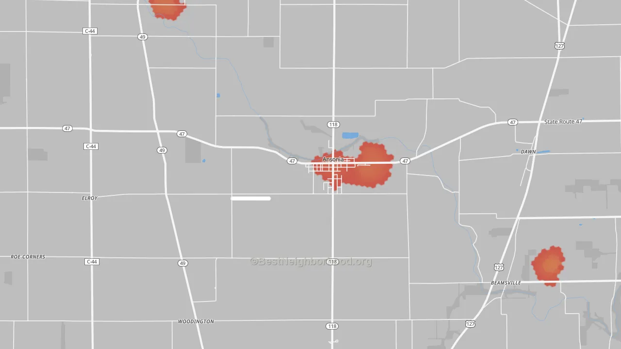 Walk Grade map of 45303, OH, walkable areas in green and car-dependent areas in red