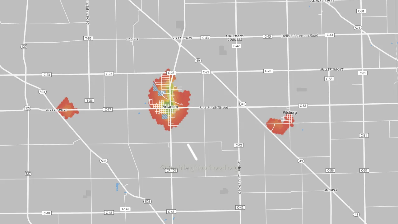 Walk Grade map of 45304, OH, walkable areas in green and car-dependent areas in red