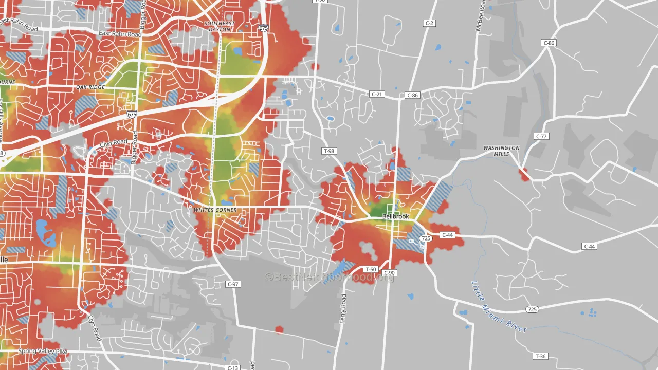 Walk Grade map of 45305, OH, walkable areas in green and car-dependent areas in red