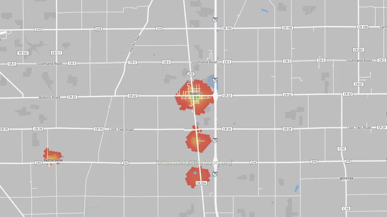 Walk Grade map of 45306, OH, walkable areas in green and car-dependent areas in red