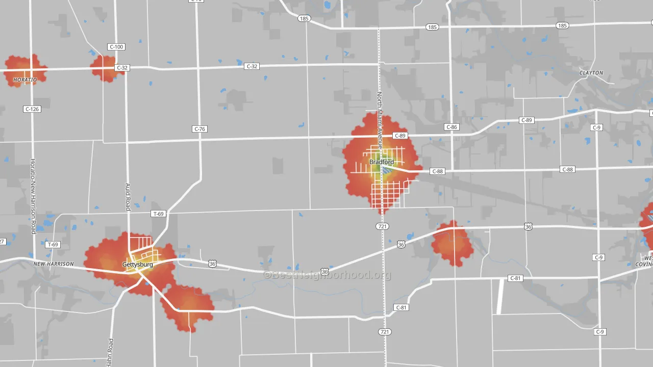 Walk Grade map of 45308, OH, walkable areas in green and car-dependent areas in red