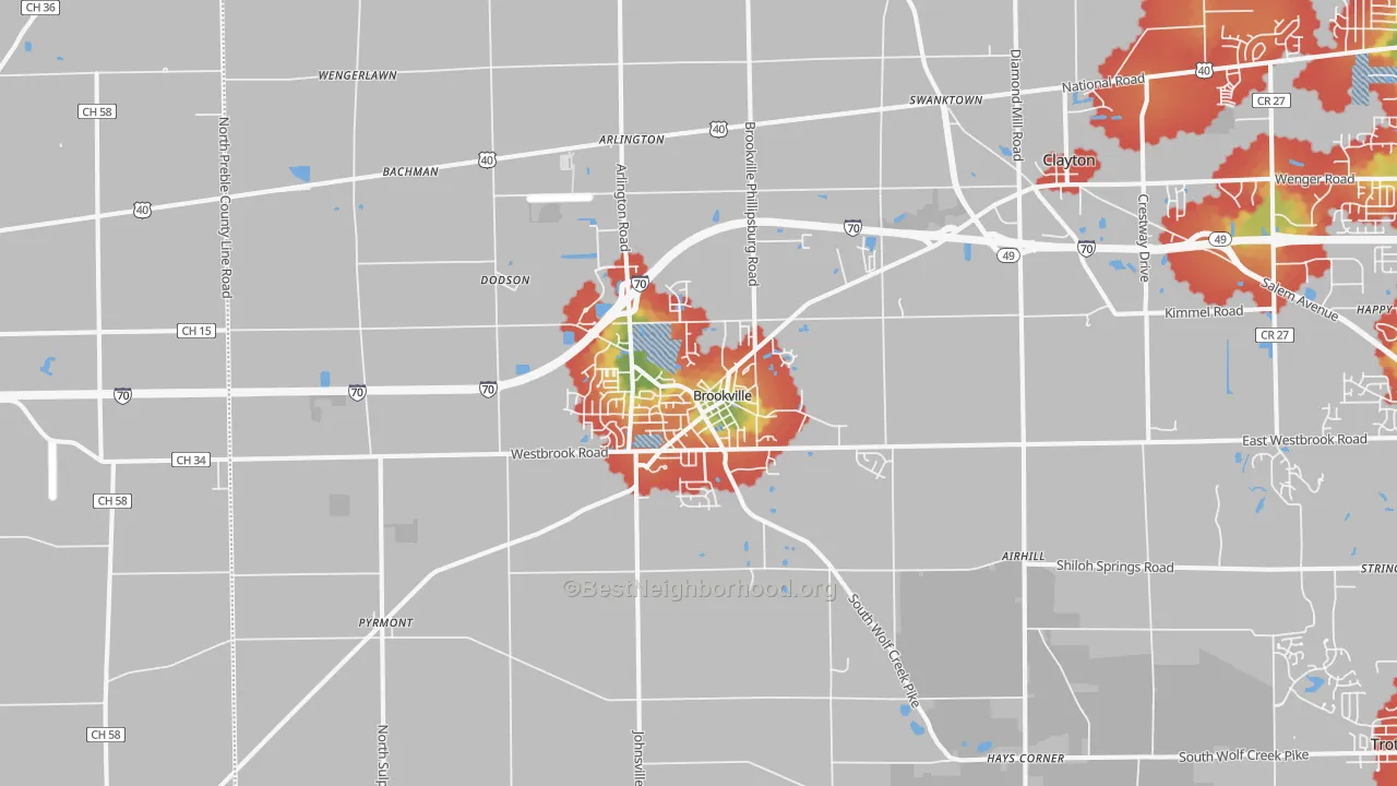 Walk Grade map of 45309, OH, walkable areas in green and car-dependent areas in red