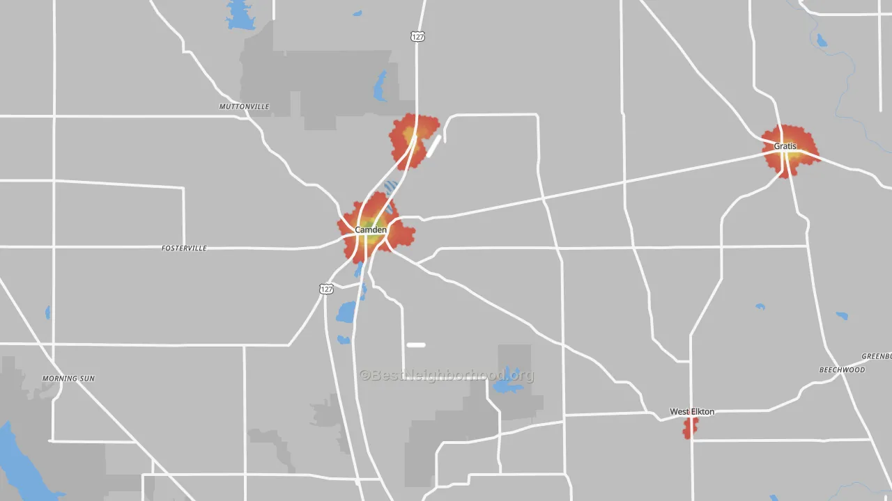Walk Grade map of 45311, OH, walkable areas in green and car-dependent areas in red