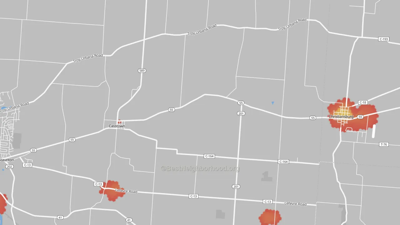 Walk Grade map of 45312, OH, walkable areas in green and car-dependent areas in red