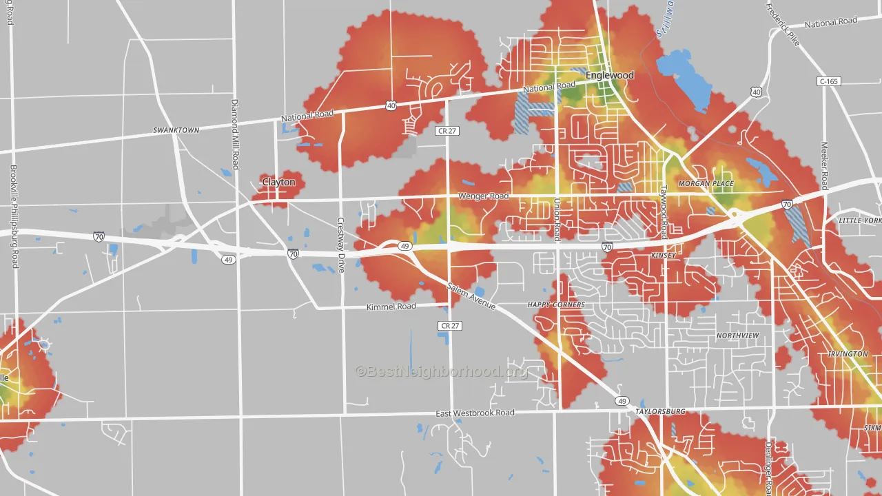 Walk Grade map of 45315, OH, walkable areas in green and car-dependent areas in red