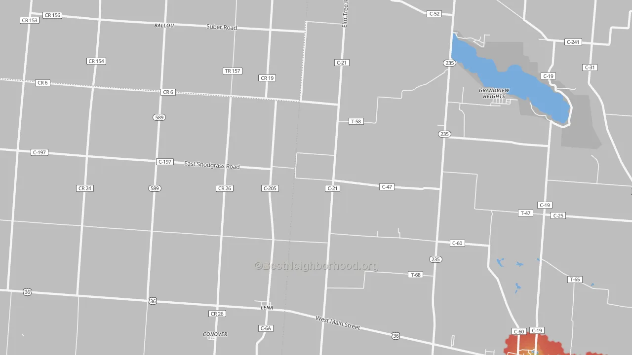 Walk Grade map of 45317, OH, walkable areas in green and car-dependent areas in red