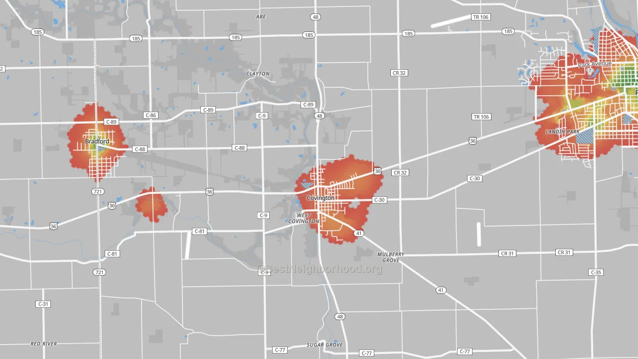 Walk Grade map of 45318, OH, walkable areas in green and car-dependent areas in red
