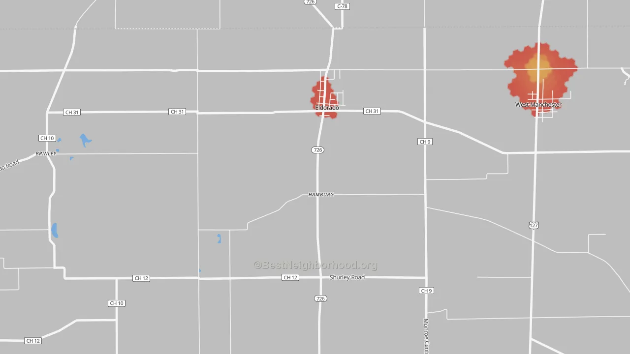 Walk Grade map of 45321, OH, walkable areas in green and car-dependent areas in red