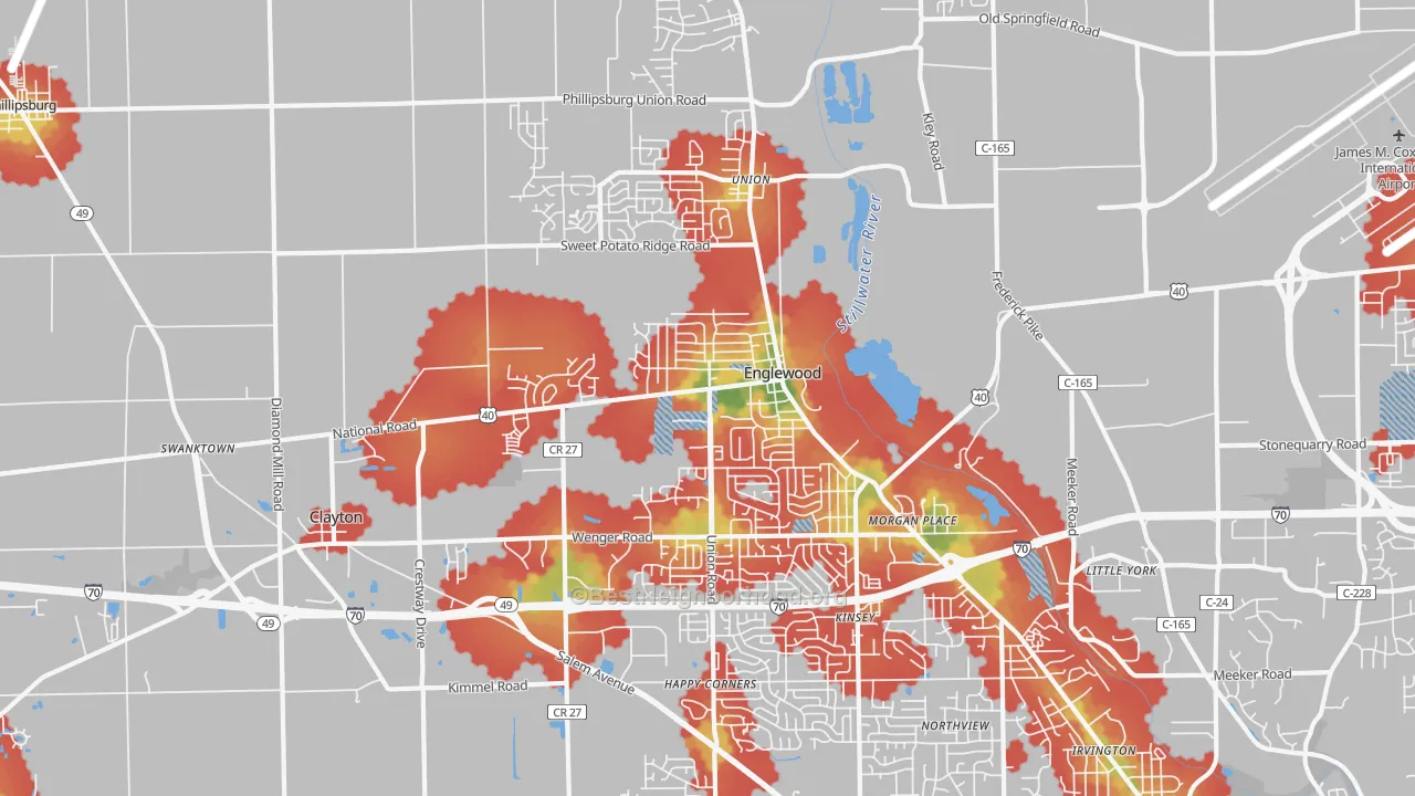 Walk Grade map of 45322, OH, walkable areas in green and car-dependent areas in red
