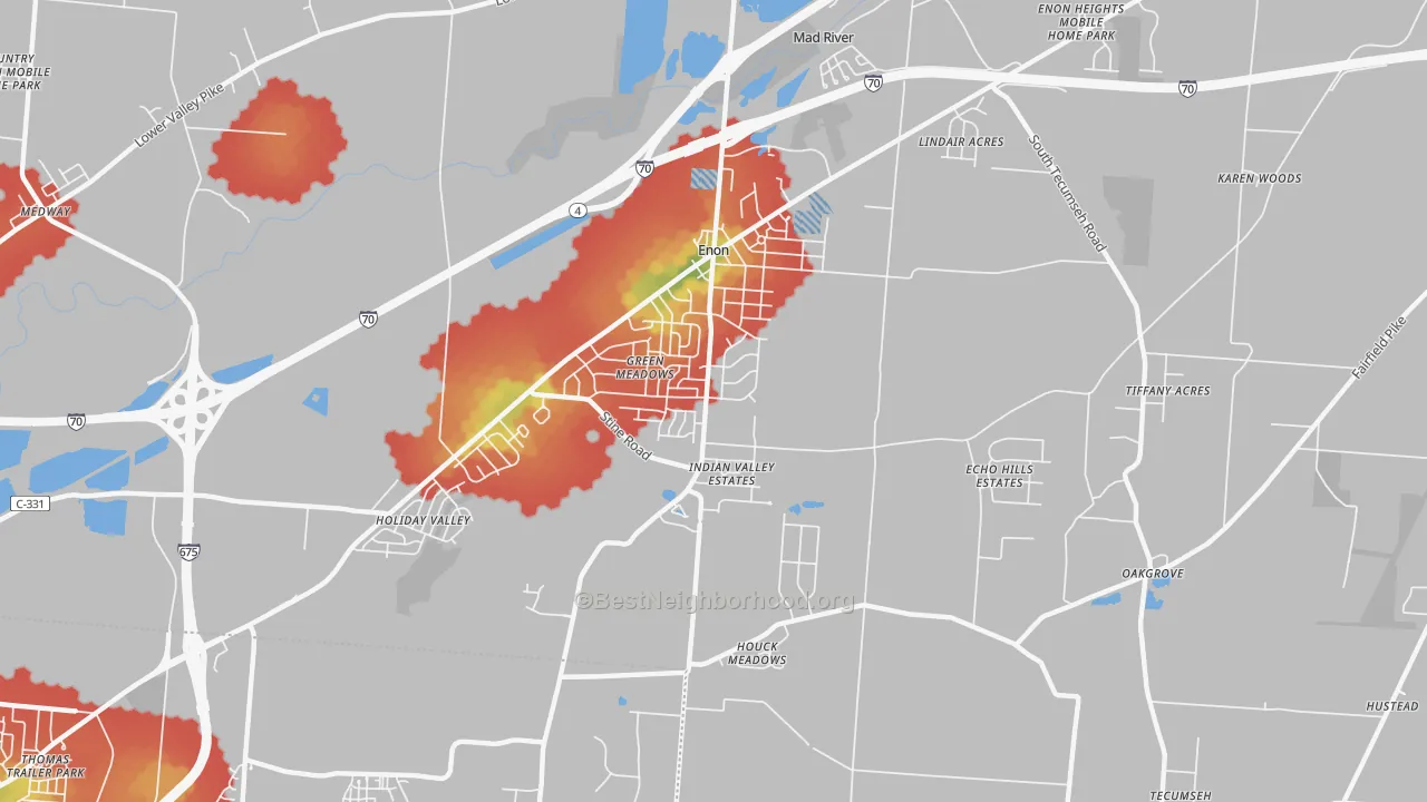 Walk Grade map of 45323, OH, walkable areas in green and car-dependent areas in red