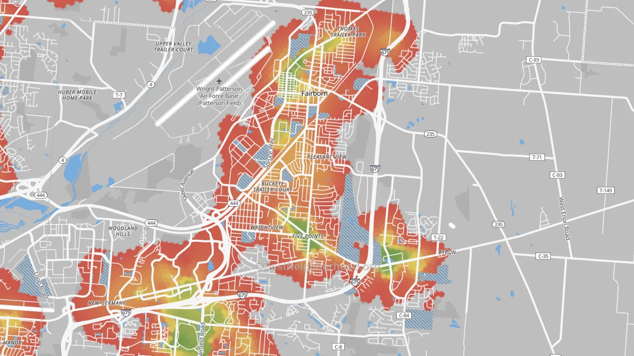 Walk Grade map of 45324, OH, walkable areas in green and car-dependent areas in red