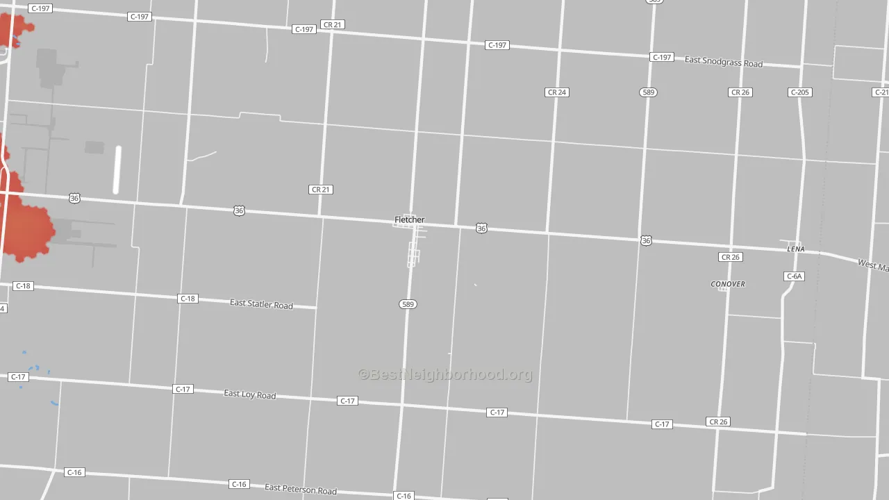 Walk Grade map of 45326, OH, walkable areas in green and car-dependent areas in red