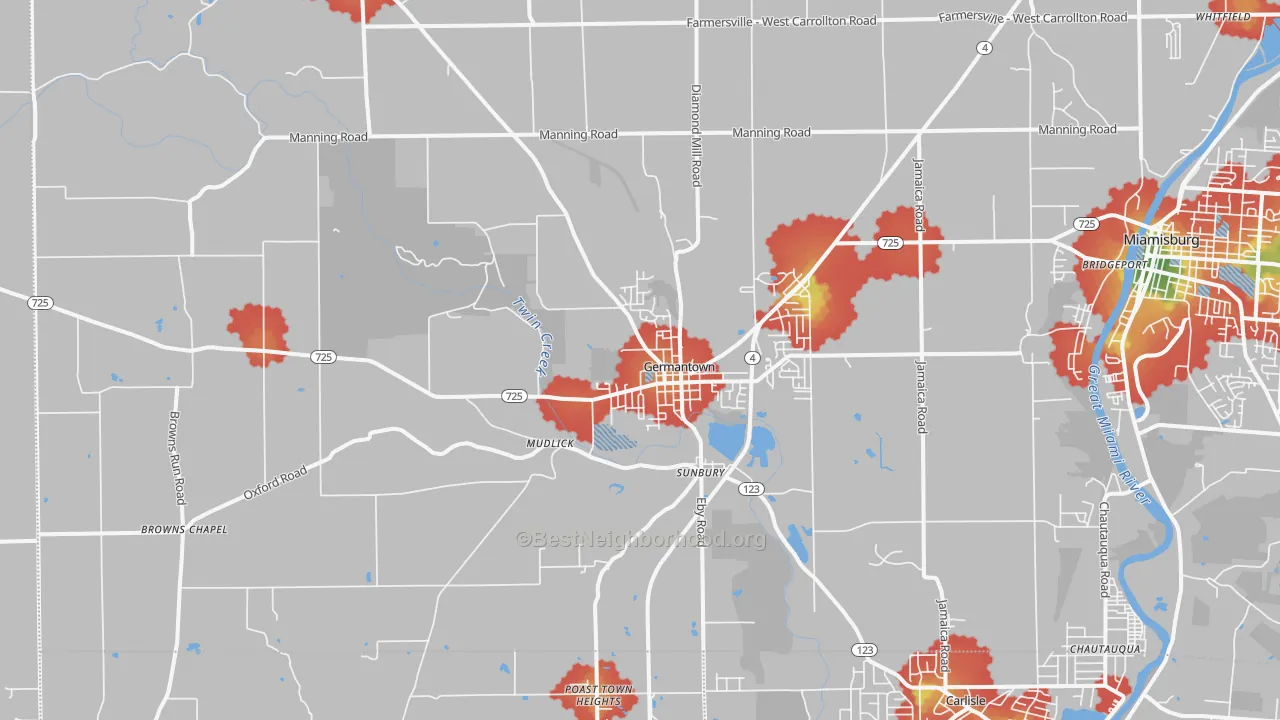 Walk Grade map of 45327, OH, walkable areas in green and car-dependent areas in red