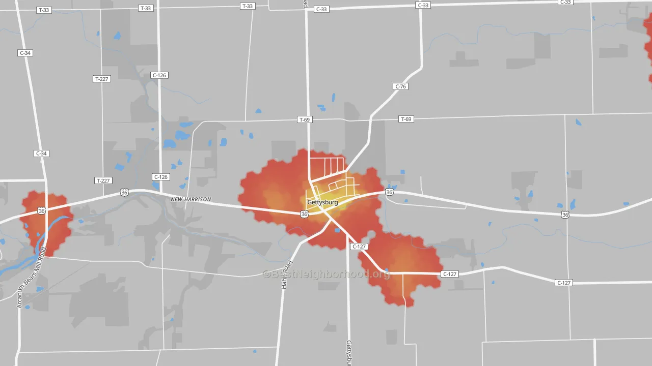 Walk Grade map of 45328, OH, walkable areas in green and car-dependent areas in red