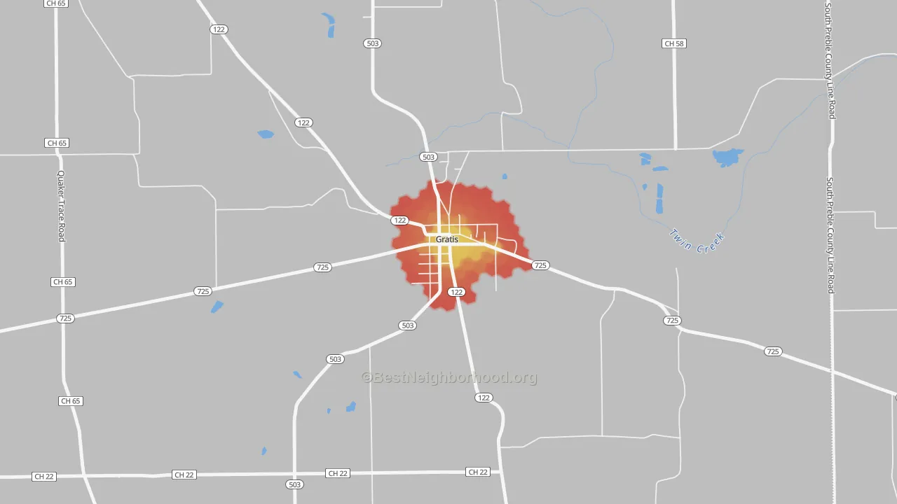 Walk Grade map of 45330, OH, walkable areas in green and car-dependent areas in red