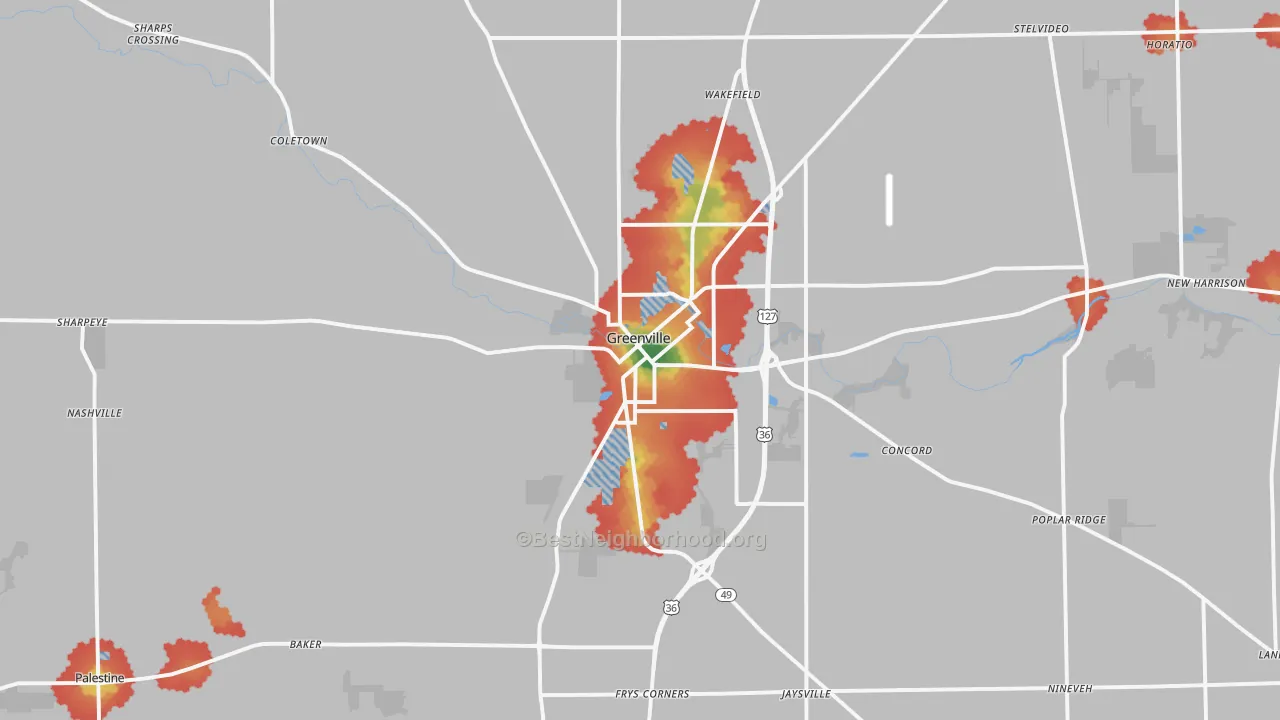 Walk Grade map of 45331, OH, walkable areas in green and car-dependent areas in red