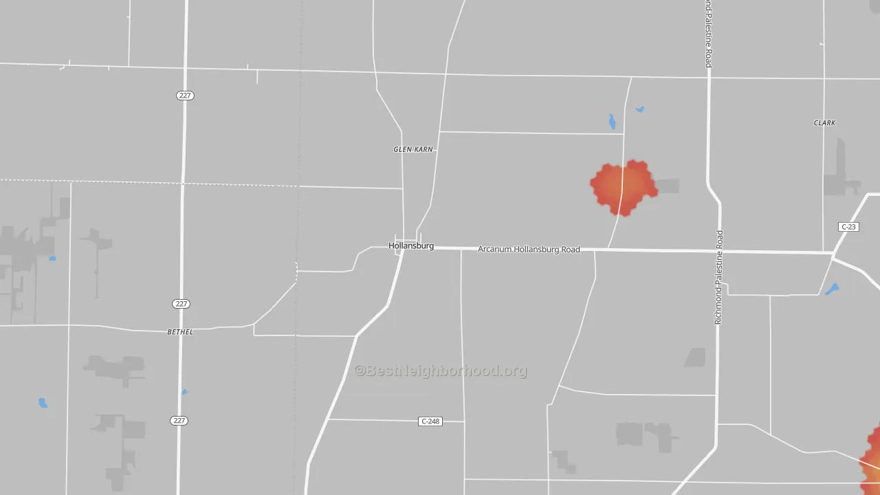 Walk Grade map of 45332, OH, walkable areas in green and car-dependent areas in red