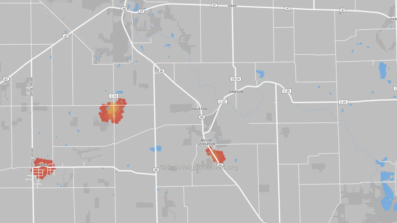 Walk Grade map of 45333, OH, walkable areas in green and car-dependent areas in red