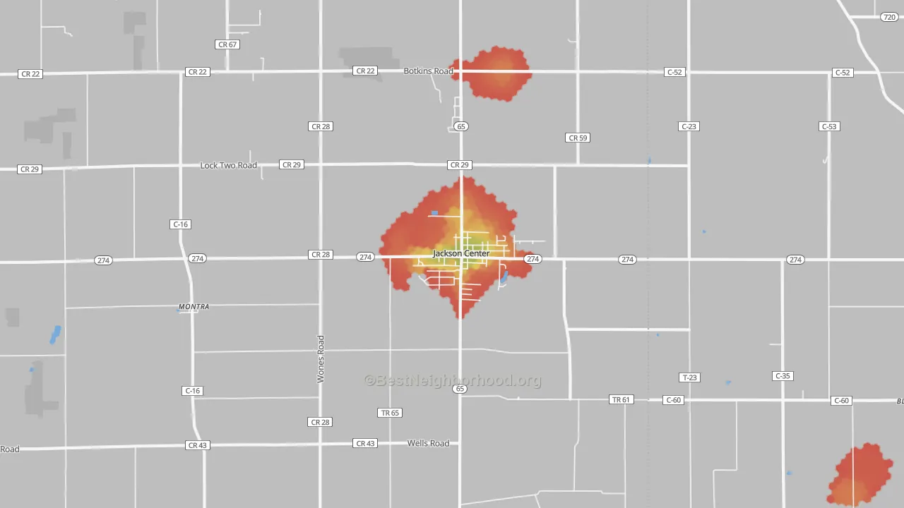 Walk Grade map of 45334, OH, walkable areas in green and car-dependent areas in red