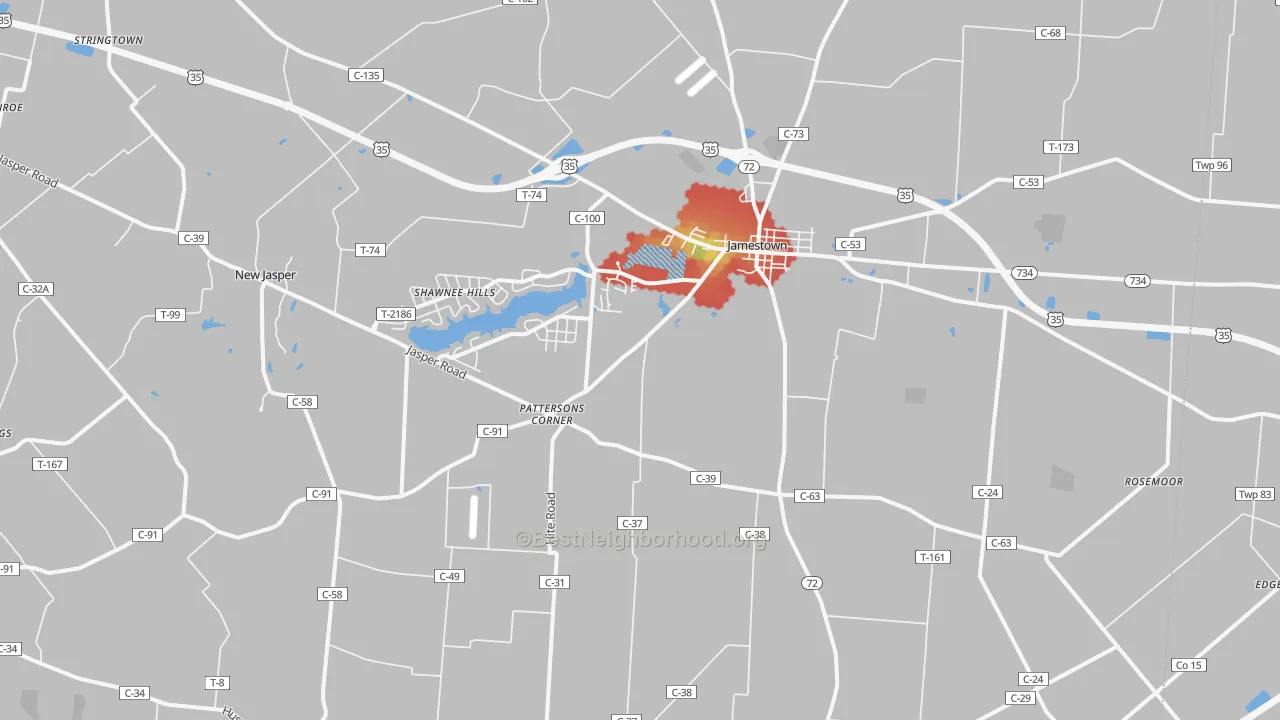 Walk Grade map of 45335, OH, walkable areas in green and car-dependent areas in red