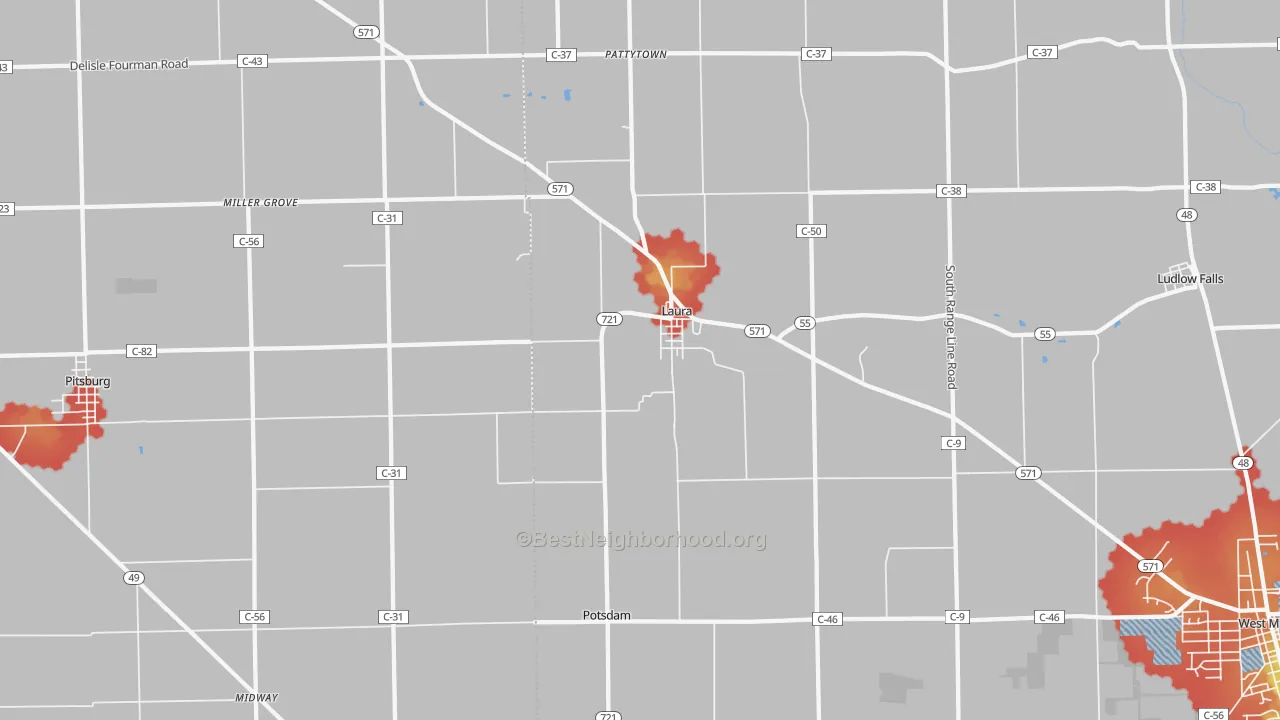 Walk Grade map of 45337, OH, walkable areas in green and car-dependent areas in red