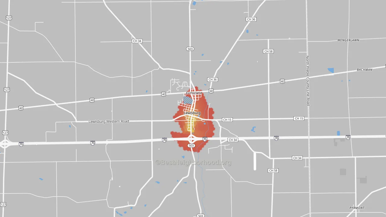 Walk Grade map of 45338, OH, walkable areas in green and car-dependent areas in red