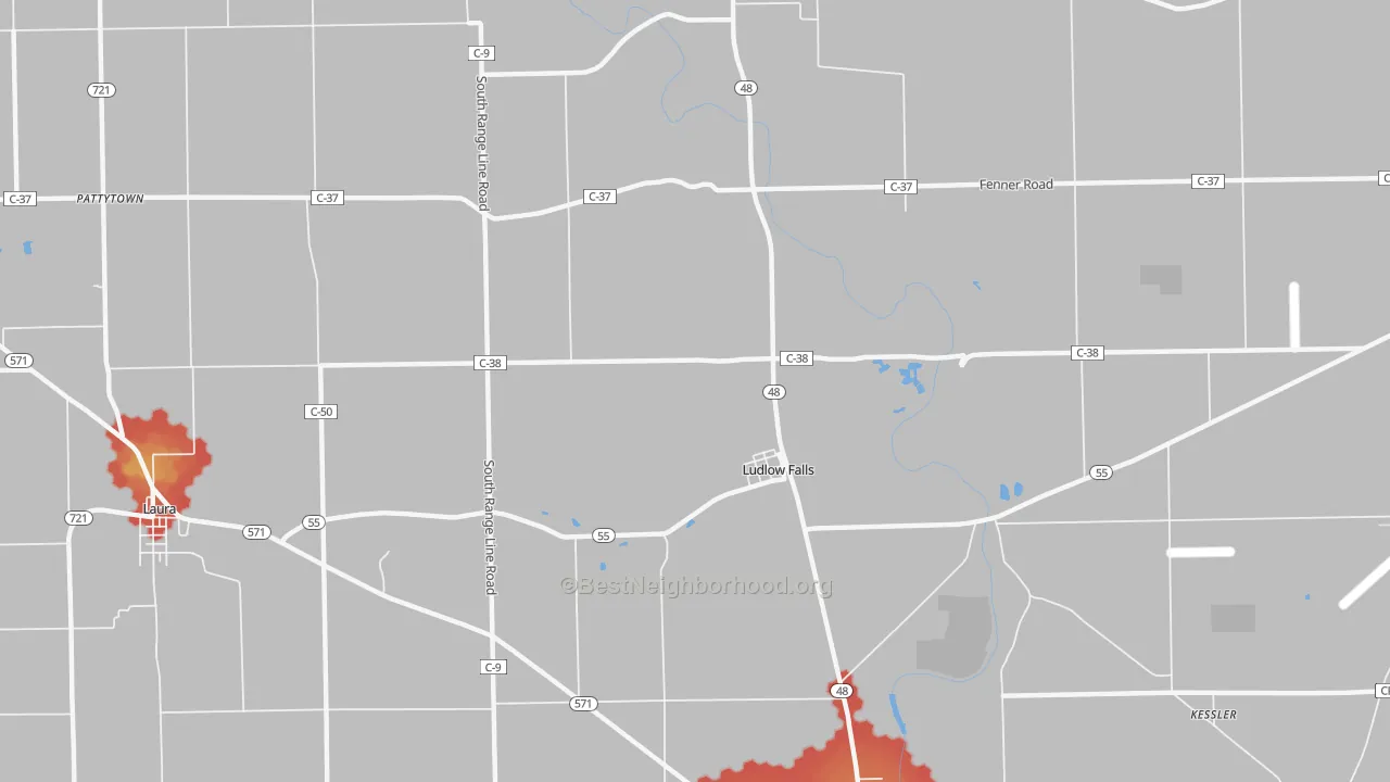 Walk Grade map of 45339, OH, walkable areas in green and car-dependent areas in red