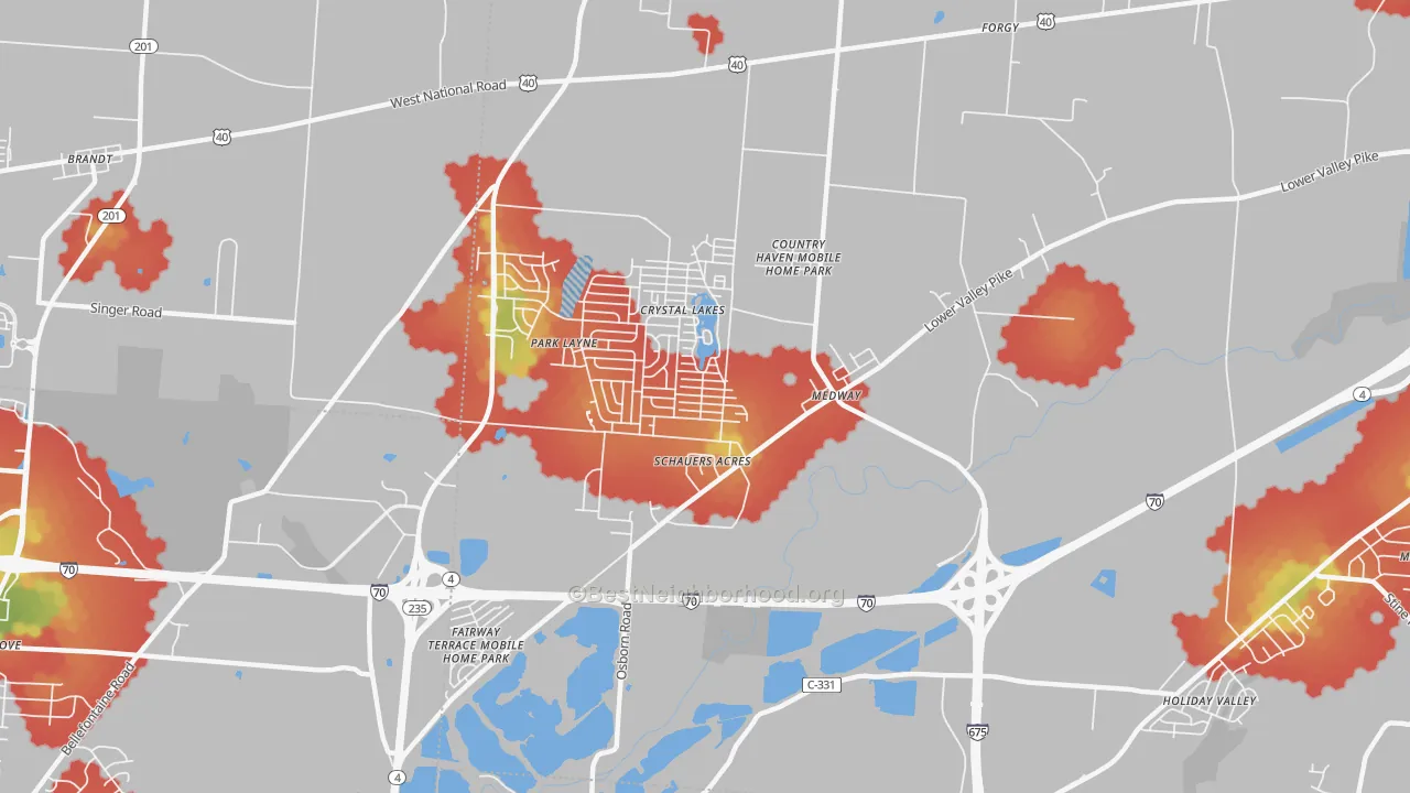 Walk Grade map of 45341, OH, walkable areas in green and car-dependent areas in red