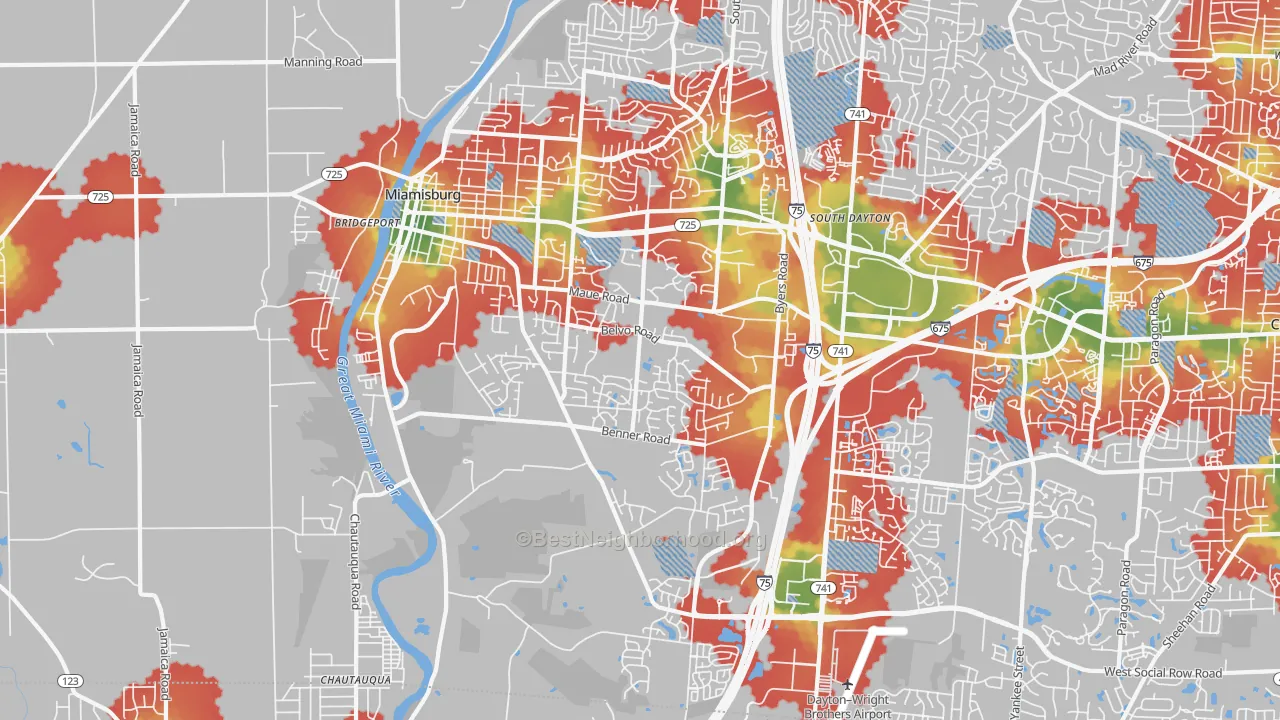 Walk Grade map of 45342, OH, walkable areas in green and car-dependent areas in red