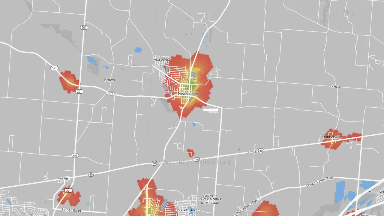Walk Grade map of 45344, OH, walkable areas in green and car-dependent areas in red
