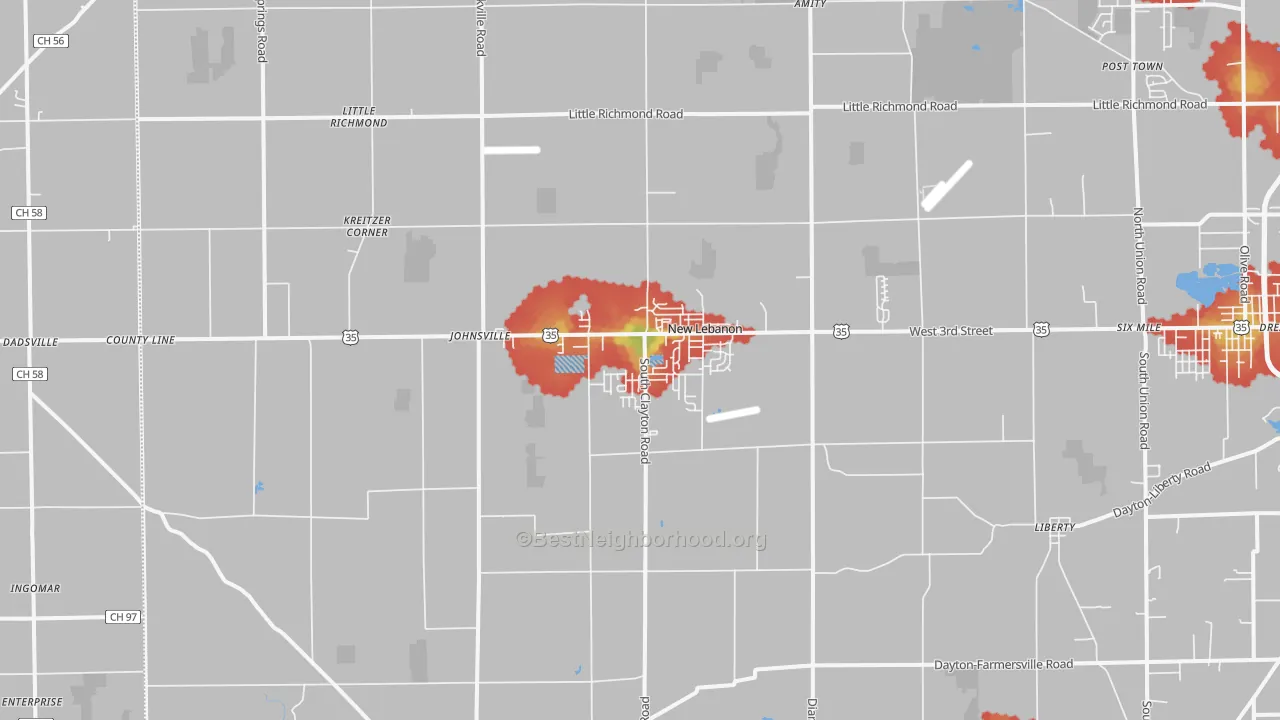 Walk Grade map of 45345, OH, walkable areas in green and car-dependent areas in red