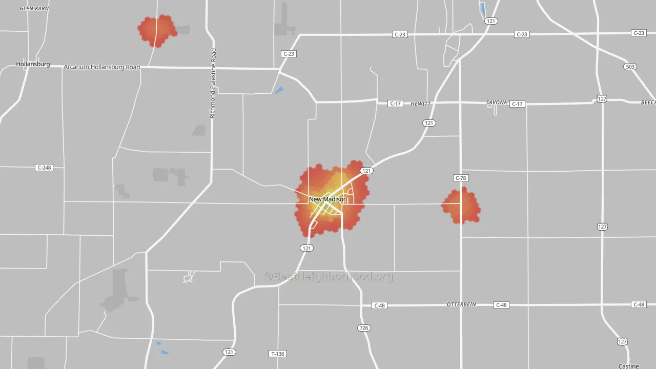 Walk Grade map of 45346, OH, walkable areas in green and car-dependent areas in red