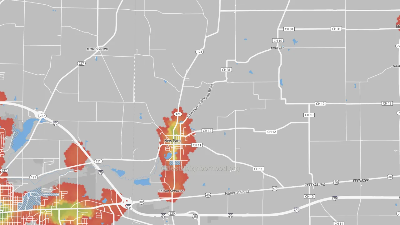 Walk Grade map of 45347, OH, walkable areas in green and car-dependent areas in red