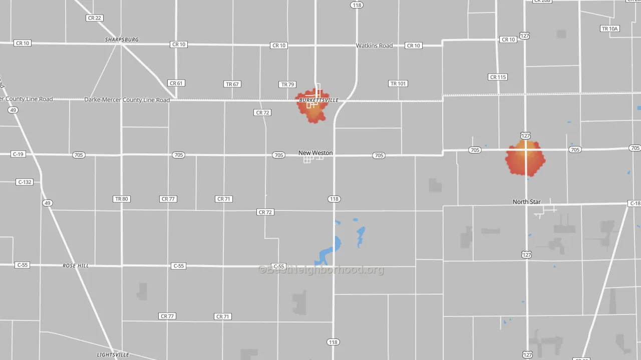 Walk Grade map of 45348, OH, walkable areas in green and car-dependent areas in red