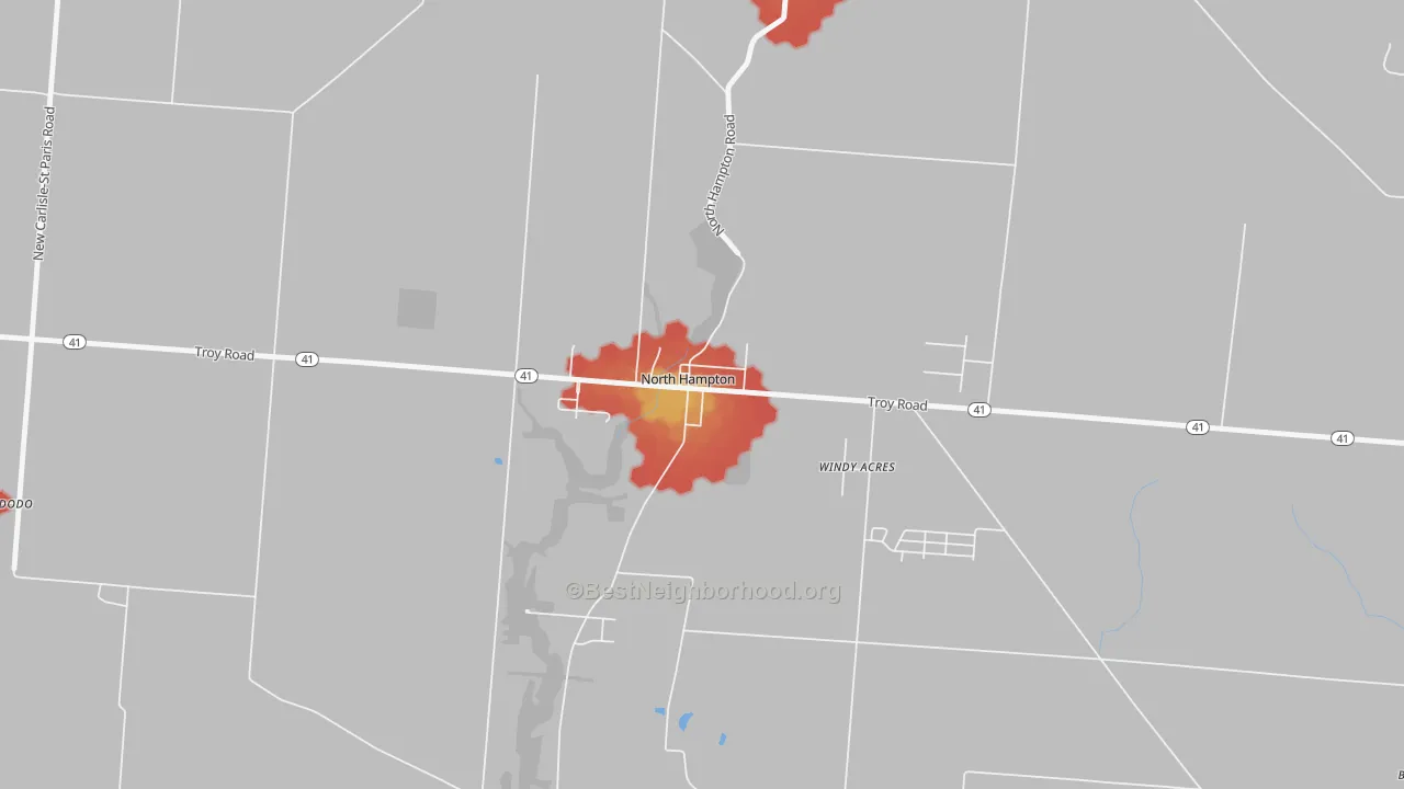 Walk Grade map of 45349, OH, walkable areas in green and car-dependent areas in red