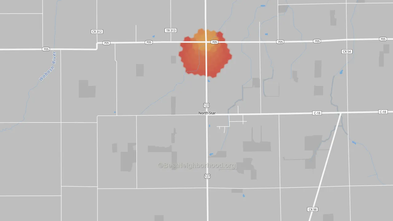 Walk Grade map of 45350, OH, walkable areas in green and car-dependent areas in red