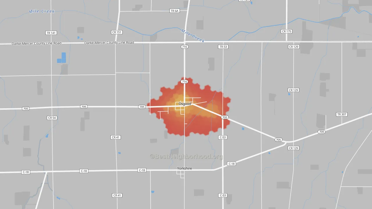 Walk Grade map of 45351, OH, walkable areas in green and car-dependent areas in red