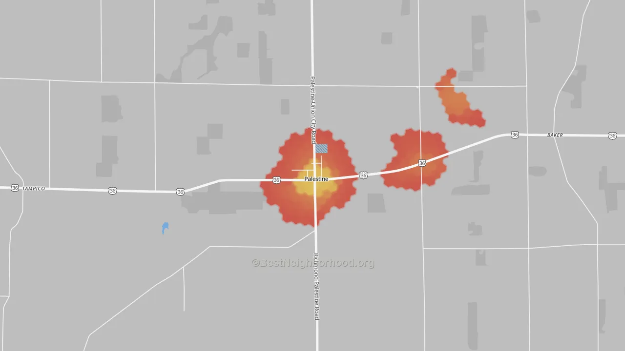 Walk Grade map of 45352, OH, walkable areas in green and car-dependent areas in red